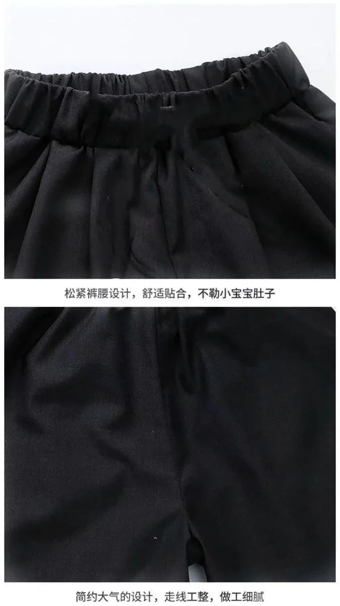 Teens Boys Summer Set Children's Wear Thin 2025 New Handsome British Style Boy White Cotton Short Sleeved Shirt+Black