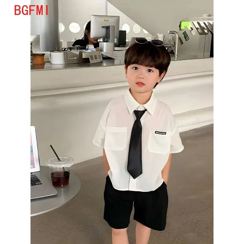 Teens Boys Summer Set Children's Wear Thin 2025 New Handsome British Style Boy White Cotton Short Sleeved Shirt+Black