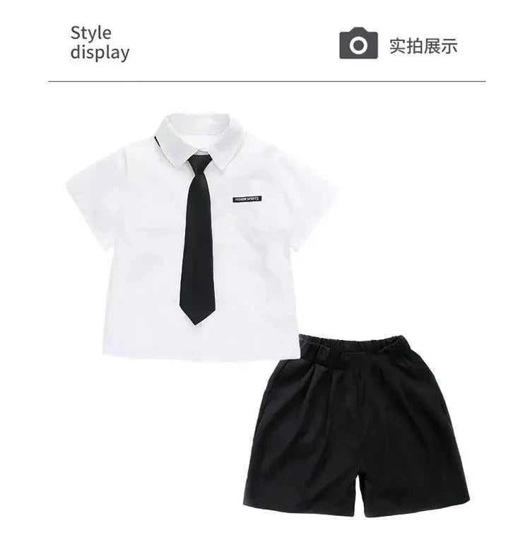 Teens Boys Summer Set Children's Wear Thin 2025 New Handsome British Style Boy White Cotton Short Sleeved Shirt+Black