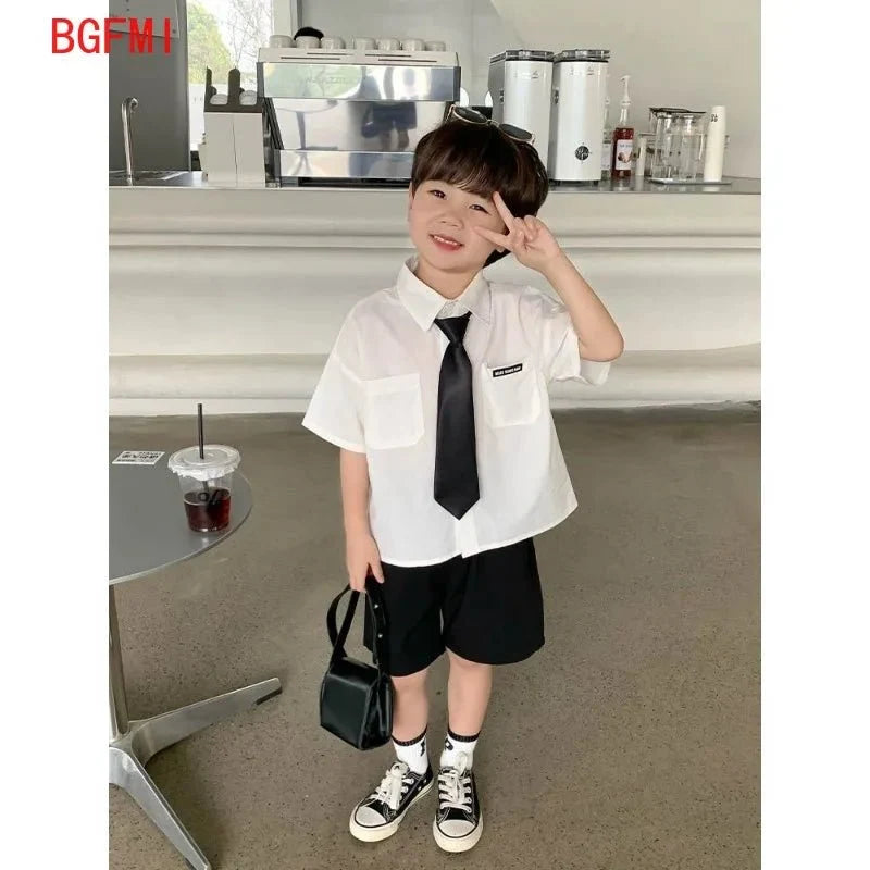 Teens Boys Summer Set Children's Wear Thin 2025 New Handsome British Style Boy White Cotton Short Sleeved Shirt+Black