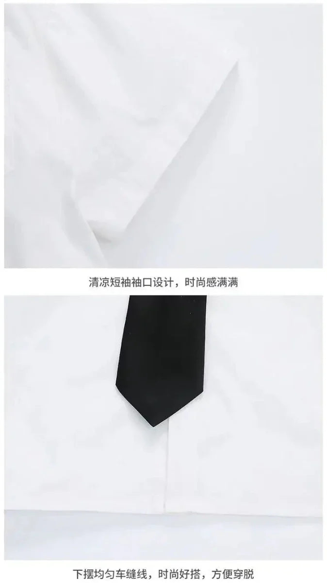 Teens Boys Summer Set Children's Wear Thin 2025 New Handsome British Style Boy White Cotton Short Sleeved Shirt+Black