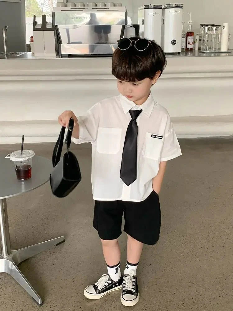 Teens Boys Summer Set Children's Wear Thin 2025 New Handsome British Style Boy White Cotton Short Sleeved Shirt+Black