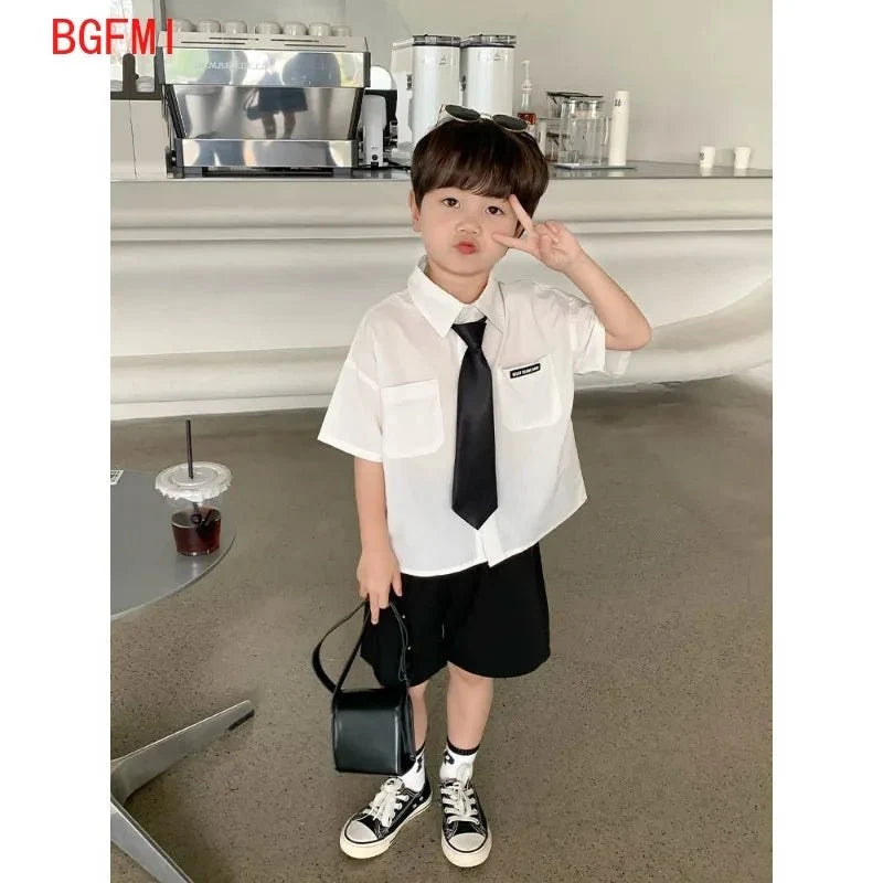 Teens Boys Summer Set Children's Wear Thin 2025 New Handsome British Style Boy White Cotton Short Sleeved Shirt+Black