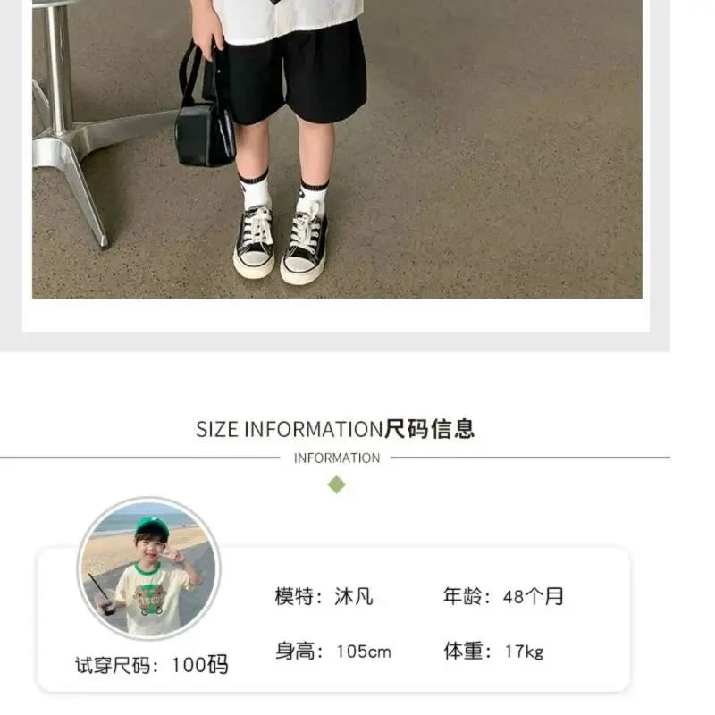 Teens Boys Summer Set Children's Wear Thin 2025 New Handsome British Style Boy White Cotton Short Sleeved Shirt+Black