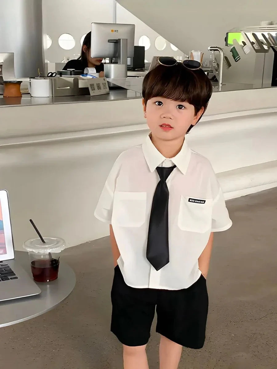 Teens Boys Summer Set Children's Wear Thin 2025 New Handsome British Style Boy White Cotton Short Sleeved Shirt+Black