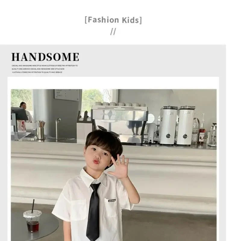 Teens Boys Summer Set Children's Wear Thin 2025 New Handsome British Style Boy White Cotton Short Sleeved Shirt+Black