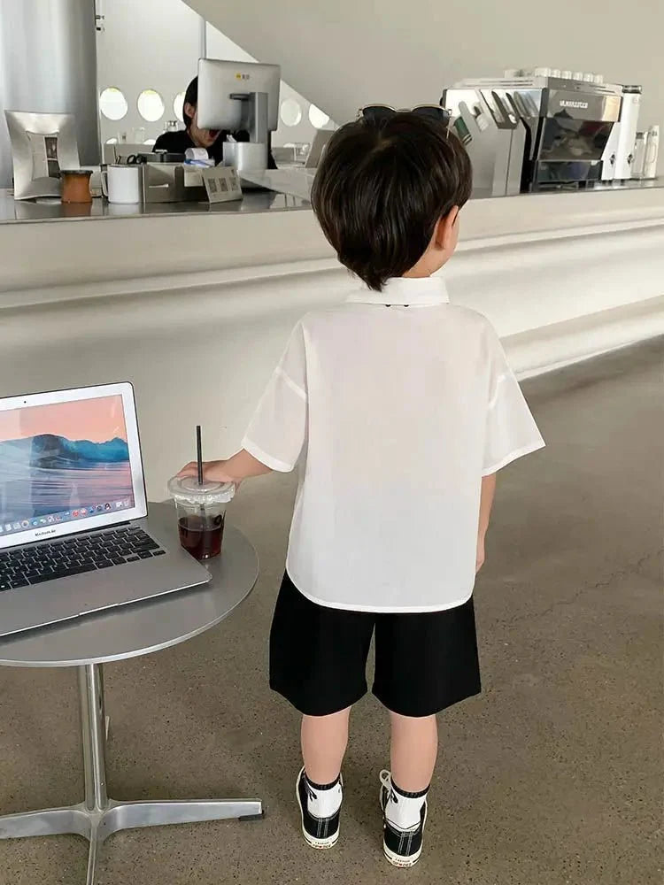 Teens Boys Summer Set Children's Wear Thin 2025 New Handsome British Style Boy White Cotton Short Sleeved Shirt+Black