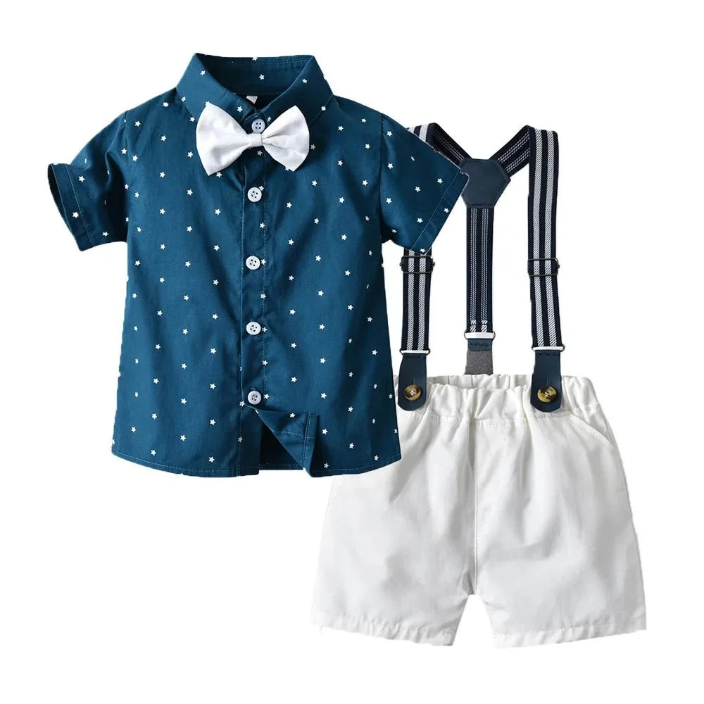 Toddler Boys Clothing Set Newborn Gentleman Suit Kids Short Sleeve Bow Tie Shirt+Suspender Shorts Casual Summer Baby Boy