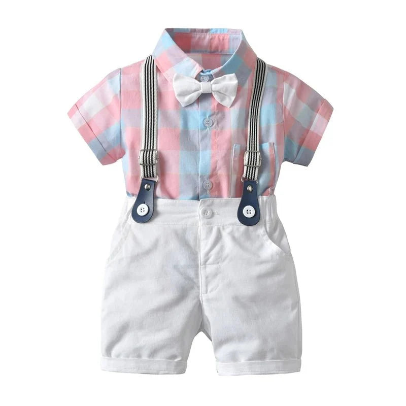 Toddler Boys Clothing Set Newborn Gentleman Suit Kids Short Sleeve Bow Tie Shirt+Suspender Shorts Casual Summer Baby Boy