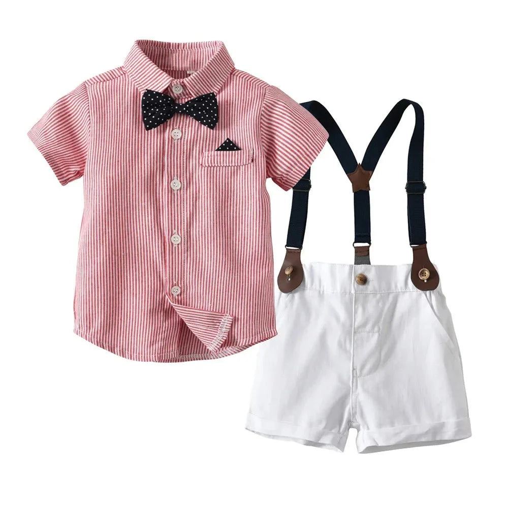 Toddler Boys Clothing Set Newborn Gentleman Suit Kids Short Sleeve Bow Tie Shirt+Suspender Shorts Casual Summer Baby Boy