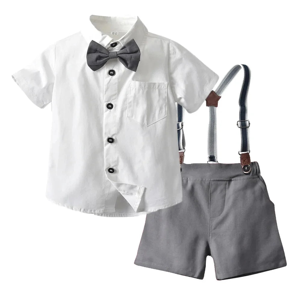 Toddler Boys Clothing Set Newborn Gentleman Suit Kids Short Sleeve Bow Tie Shirt+Suspender Shorts Casual Summer Baby Boy