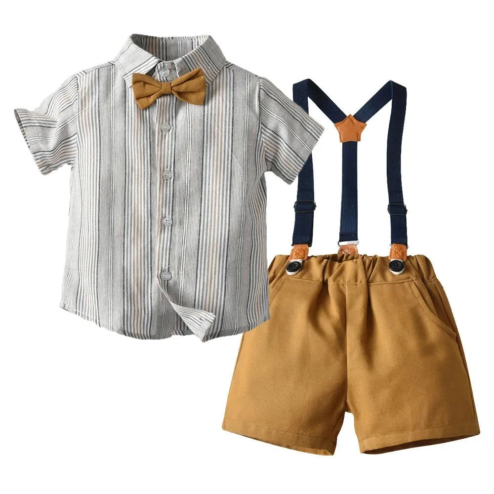 Toddler Boys Clothing Set Newborn Gentleman Suit Kids Short Sleeve Bow Tie Shirt+Suspender Shorts Casual Summer Baby Boy
