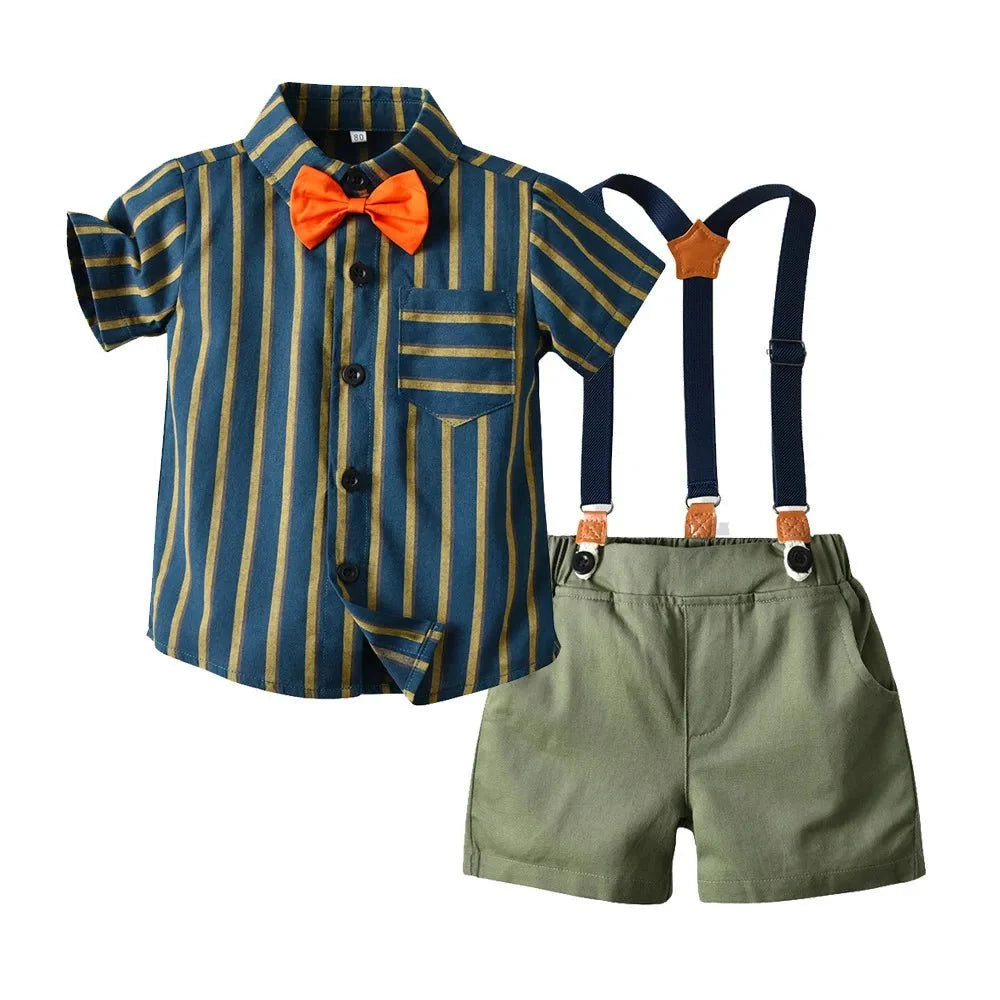 Toddler Boys Clothing Set Newborn Gentleman Suit Kids Short Sleeve Bow Tie Shirt+Suspender Shorts Casual Summer Baby Boy
