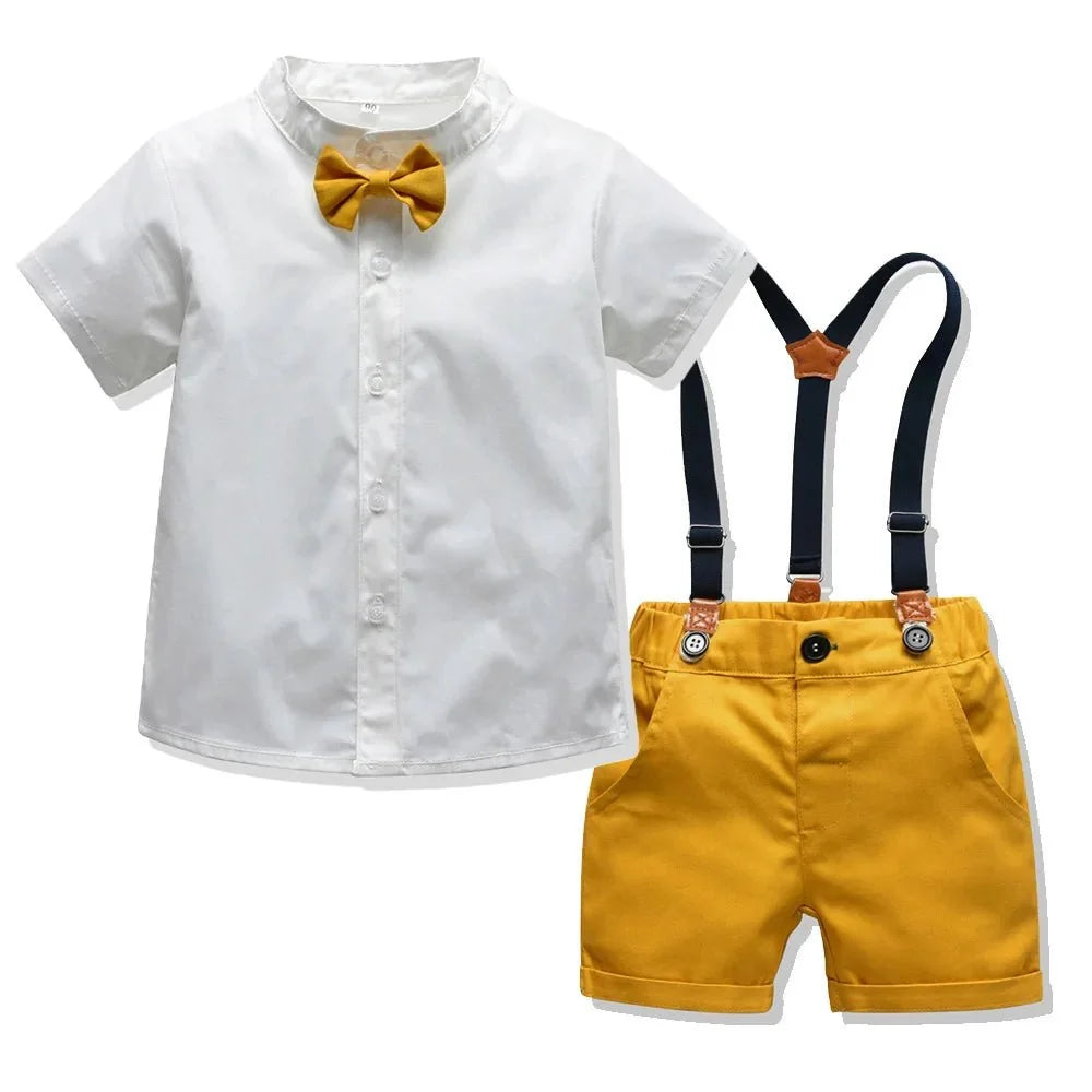 Toddler Boys Clothing Set Newborn Gentleman Suit Kids Short Sleeve Bow Tie Shirt+Suspender Shorts Casual Summer Baby Boy