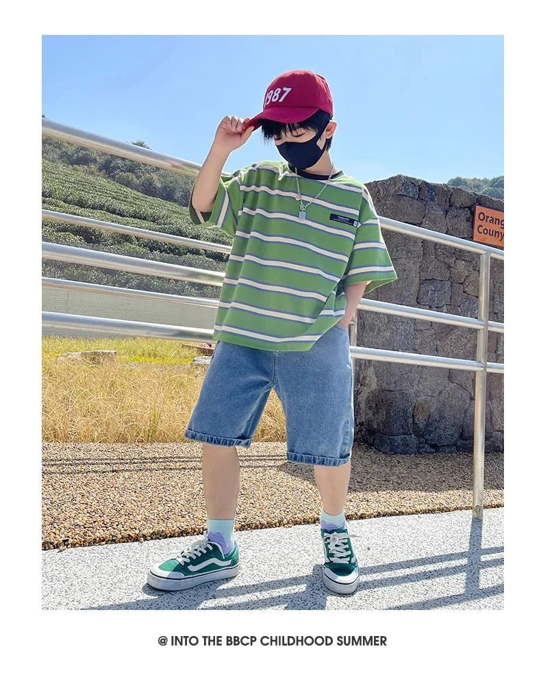 Tween Boy Summer Clothing Set Child Casual Cotton Stripe T-shirt & Denim Shorts 2 Piece Suit Teenage Kids Luxury Clothes