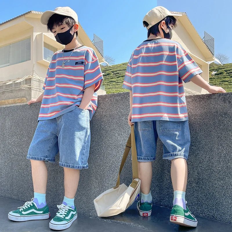Tween Boy Summer Clothing Set Child Casual Cotton Stripe T-shirt & Denim Shorts 2 Piece Suit Teenage Kids Luxury Clothes