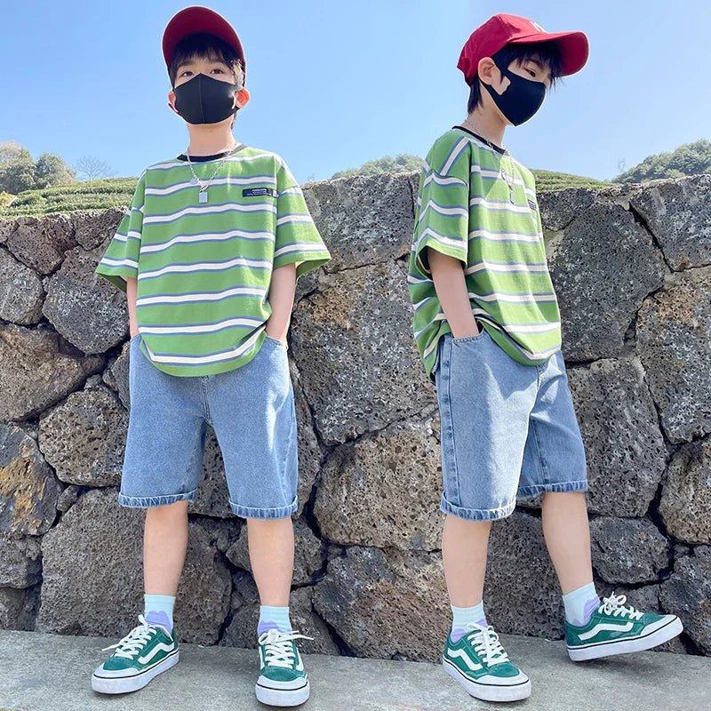 Tween Boy Summer Clothing Set Child Casual Cotton Stripe T-shirt & Denim Shorts 2 Piece Suit Teenage Kids Luxury Clothes