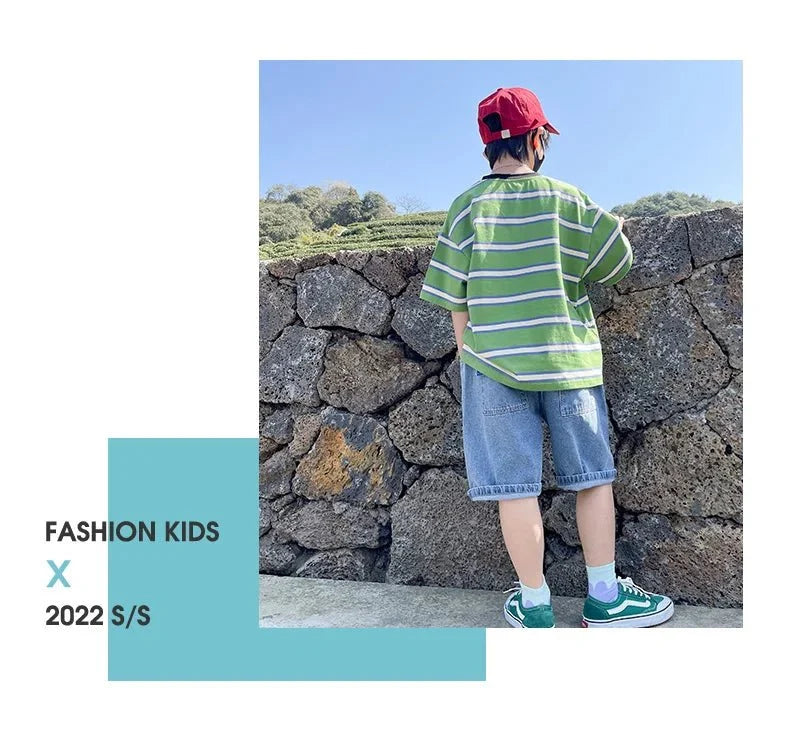 Tween Boy Summer Clothing Set Child Casual Cotton Stripe T-shirt & Denim Shorts 2 Piece Suit Teenage Kids Luxury Clothes