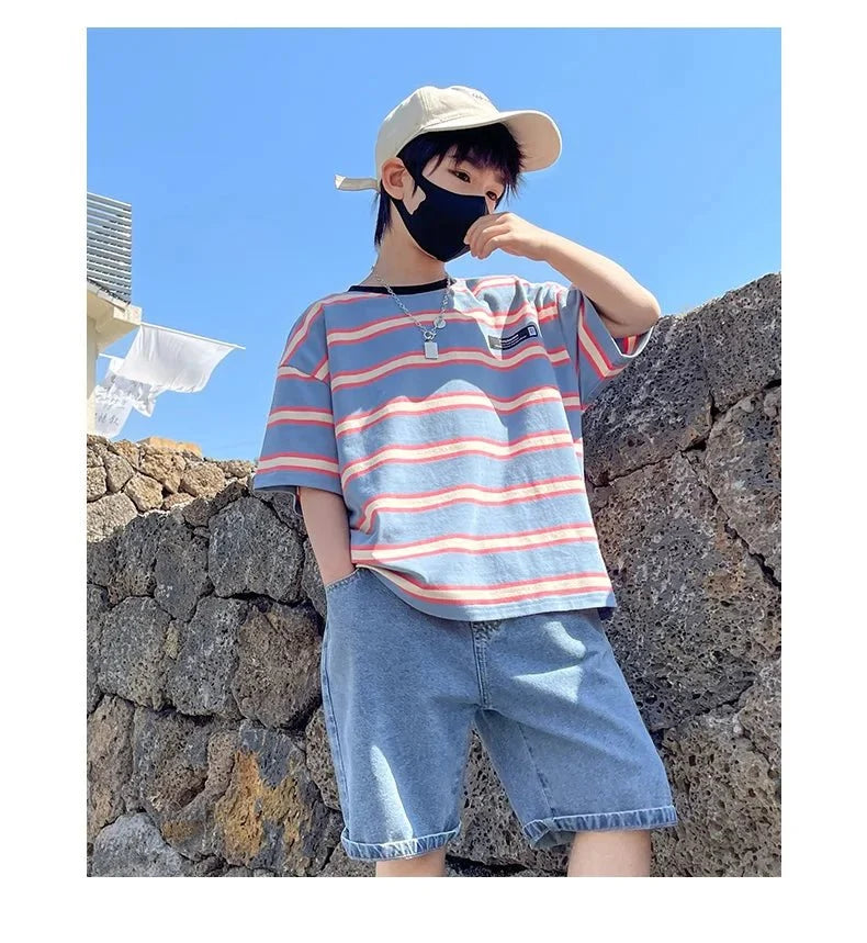 Tween Boy Summer Clothing Set Child Casual Cotton Stripe T-shirt & Denim Shorts 2 Piece Suit Teenage Kids Luxury Clothes