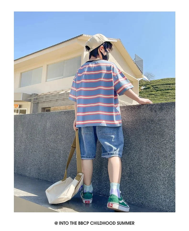 Tween Boy Summer Clothing Set Child Casual Cotton Stripe T-shirt & Denim Shorts 2 Piece Suit Teenage Kids Luxury Clothes