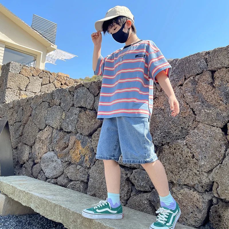 Tween Boy Summer Clothing Set Child Casual Cotton Stripe T-shirt & Denim Shorts 2 Piece Suit Teenage Kids Luxury Clothes
