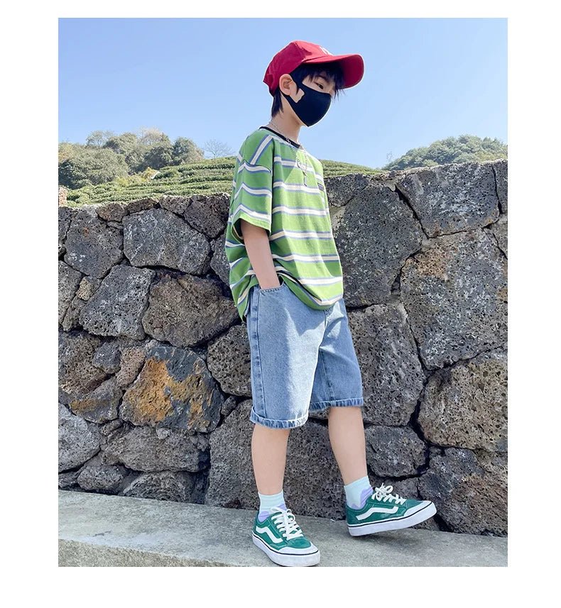 Tween Boy Summer Clothing Set Child Casual Cotton Stripe T-shirt & Denim Shorts 2 Piece Suit Teenage Kids Luxury Clothes