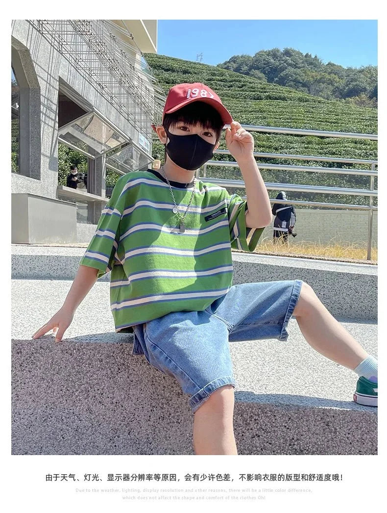 Tween Boy Summer Clothing Set Child Casual Cotton Stripe T-shirt & Denim Shorts 2 Piece Suit Teenage Kids Luxury Clothes