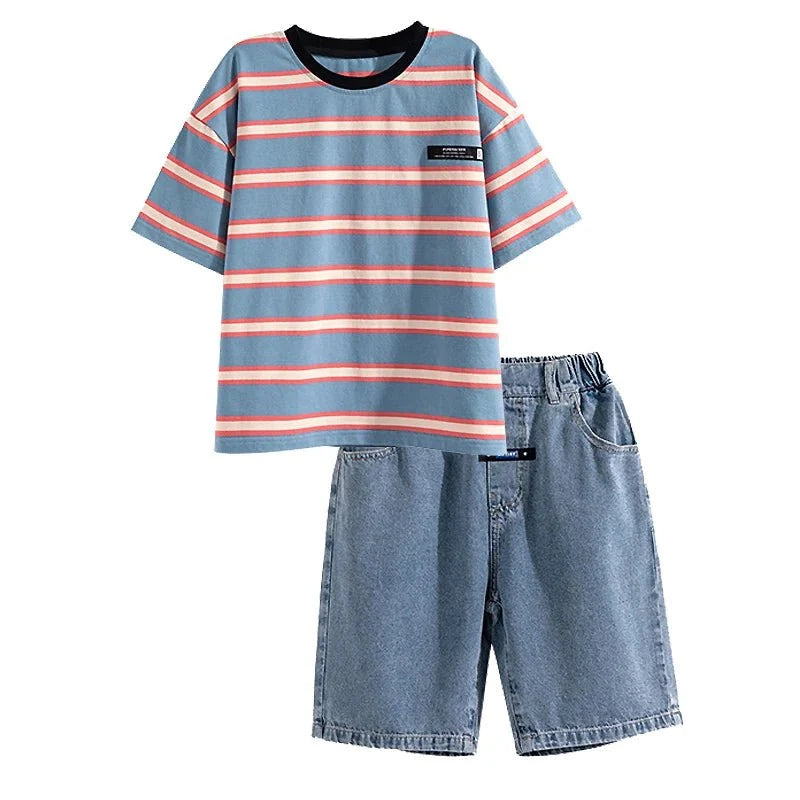 Tween Boy Summer Clothing Set Child Casual Cotton Stripe T-shirt & Denim Shorts 2 Piece Suit Teenage Kids Luxury Clothes