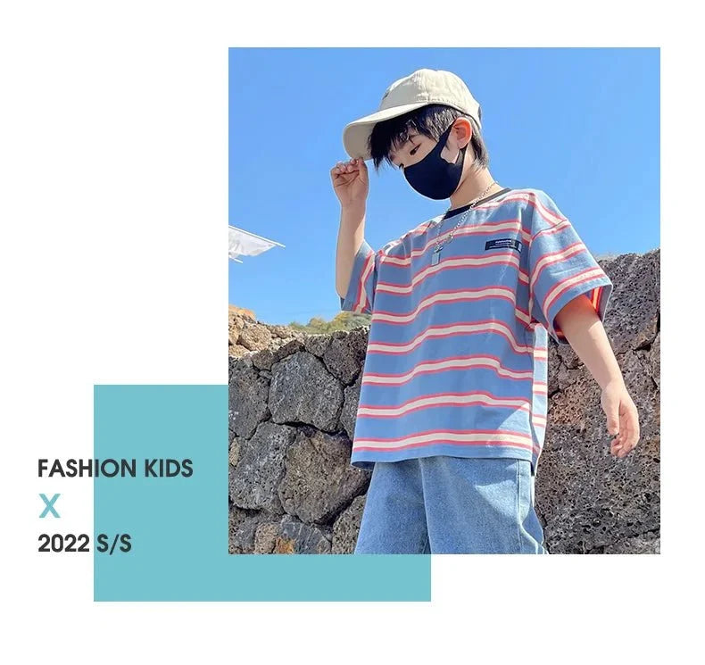 Tween Boy Summer Clothing Set Child Casual Cotton Stripe T-shirt & Denim Shorts 2 Piece Suit Teenage Kids Luxury Clothes