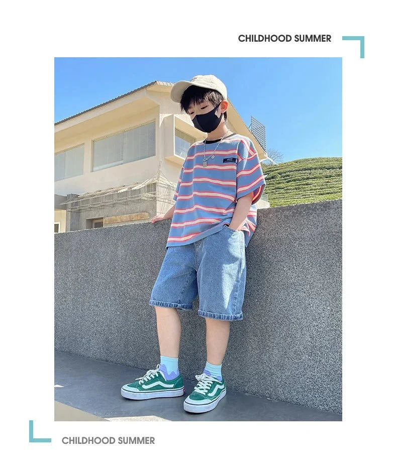 Tween Boy Summer Clothing Set Child Casual Cotton Stripe T-shirt & Denim Shorts 2 Piece Suit Teenage Kids Luxury Clothes