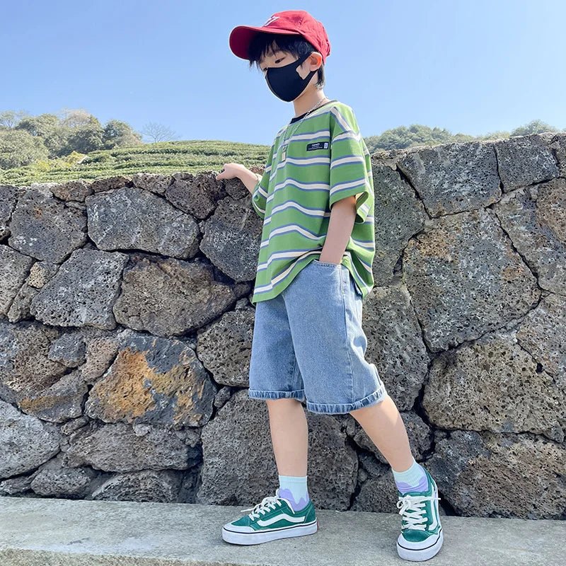 Tween Boy Summer Clothing Set Child Casual Cotton Stripe T-shirt & Denim Shorts 2 Piece Suit Teenage Kids Luxury Clothes