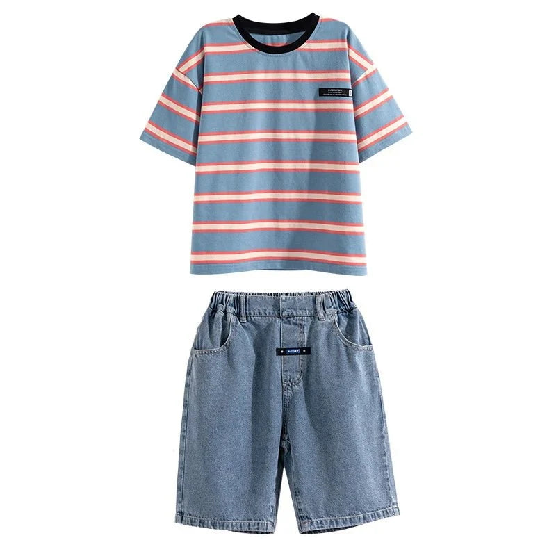 Tween Boy Summer Clothing Set Child Casual Cotton Stripe T-shirt & Denim Shorts 2 Piece Suit Teenage Kids Luxury Clothes