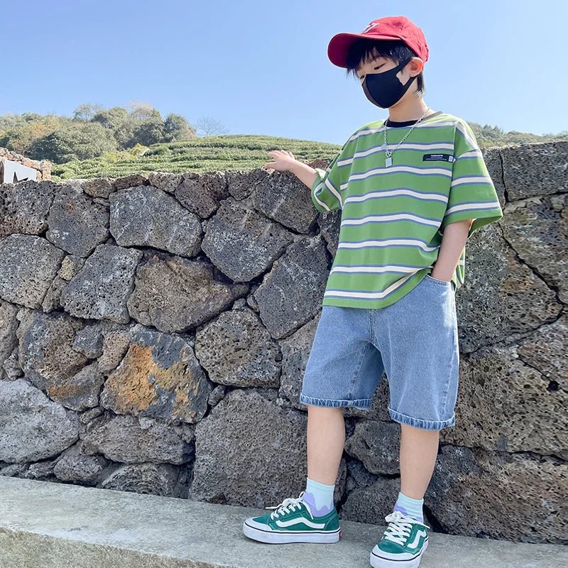 Tween Boy Summer Clothing Set Child Casual Cotton Stripe T-shirt & Denim Shorts 2 Piece Suit Teenage Kids Luxury Clothes