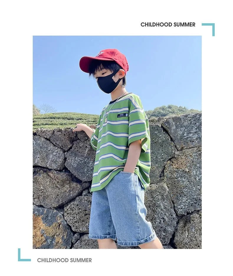 Tween Boy Summer Clothing Set Child Casual Cotton Stripe T-shirt & Denim Shorts 2 Piece Suit Teenage Kids Luxury Clothes