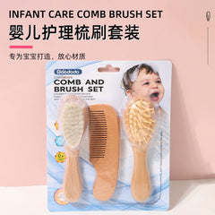 Wool Baby Brush Set Newborn Baby Scalp Cleaning Soft Hair Shampoo Brush Beech Wood Comb Brush Three-Piece Set (stock)